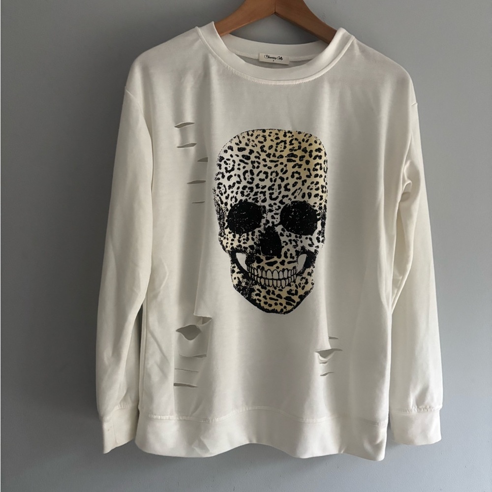 Blooming Jelly Distressed Leopard Skull Sweatshirt White Size S